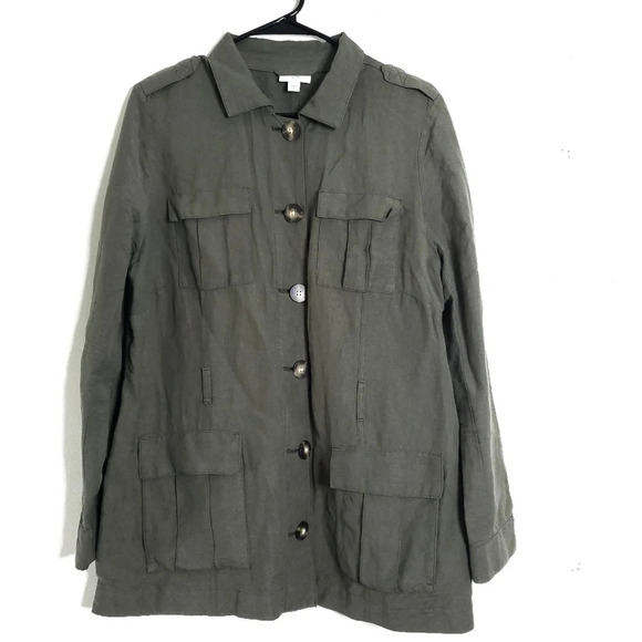 J Jill Linen Blend Caraway Safari Cargo Jacket Size Medium Trench Olive Green - Picture 1 of 11